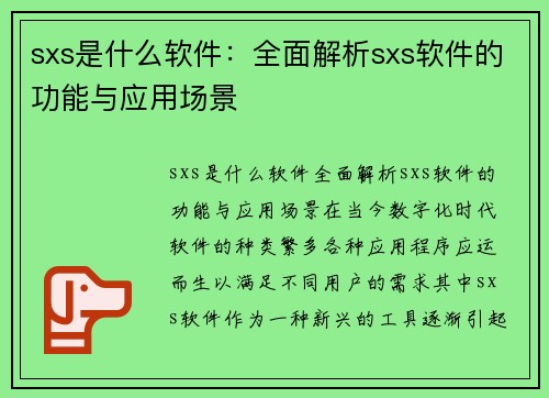 sxs是什么软件：全面解析sxs软件的功能与应用场景